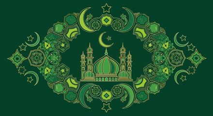 An intricate Islamic mosque design with crescent moons and stars in shades of green, set against a dark green background.