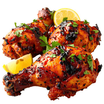 Delicious whole piece of jamaican jerk chicken, glistening with a spicy jerk glaze, shot in a studio and isolated on a bright white background