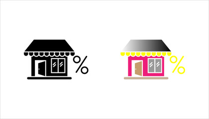 Storefront with percentage sign icon set. in outline style representing retail discounts, promotions, sales offers, and shopping deals.