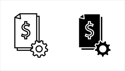 Document with dollar symbol and gear icon set. in outline style representing finance management, accounting settings, billing systems, and financial operations.
