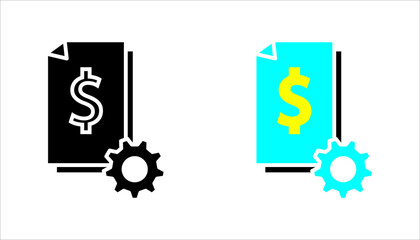 Document with dollar symbol and gear icon set. in outline style representing finance management, accounting settings, billing systems, and financial operations.