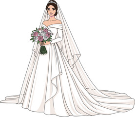 Fototapeta premium Beautiful bride cartoon character wearing an elegant white wedding dress with a long veil and holding a pink flower bouquet for celebration.