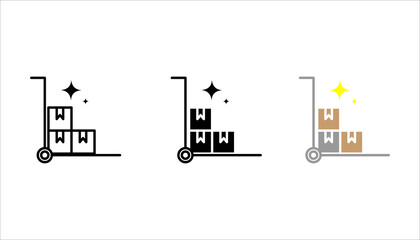 Outline icon set. of a trolley carrying stacked boxes, representing warehouse, logistics, delivery, storage, and inventory management.