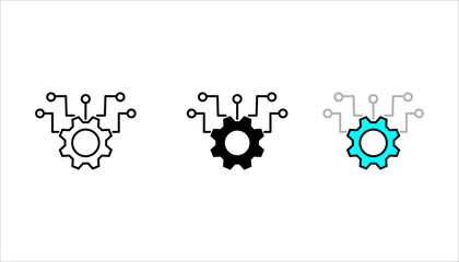 Outline icon set. of a gear with connected circuit lines, representing technology network, system integration, automation, and digital connectivity.