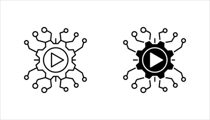 Outline icon set. of a gear with play button and connected circuit nodes, representing digital system, automation, media technology, and smart network concept.