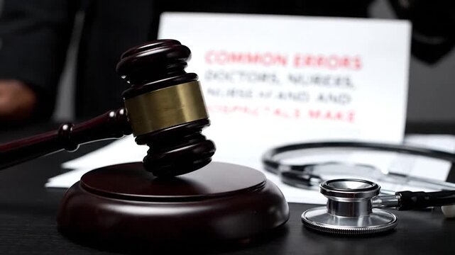 Gavel & stethoscope on table with "Common Errors" paper