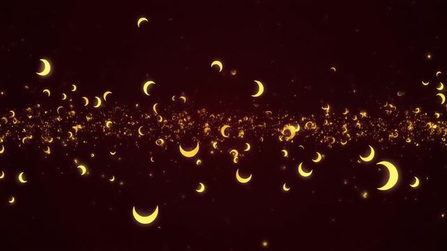 Glowing crescent moon shapes floating upwards on dark background with sparkles