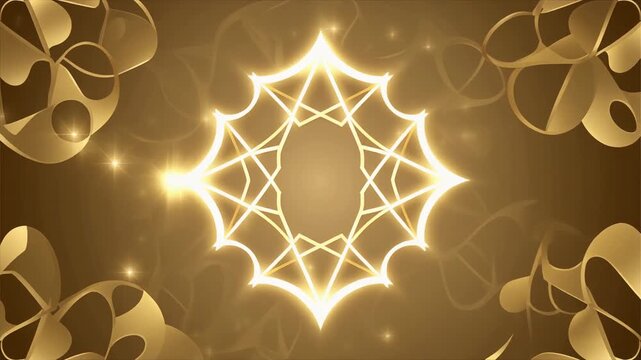 Glowing gold geometric starburst design on brown background with swirling patterns and white space for text, ideal for luxury greeting card or advertisement