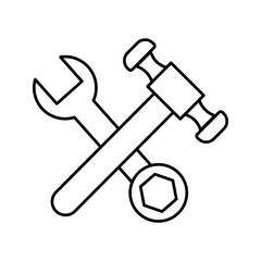 Solid black icon of wrench, hammer, and nut, symbolizing repair, maintenance, construction, service, and technical support.