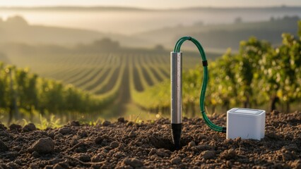 Obraz premium Soil Moisture Sensor in Vineyard for Precision Agriculture, Promoting Sustainable Farming Practices and Advanced Irrigation