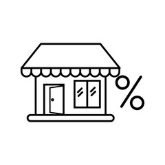 Storefront with percentage sign icon in outline style representing retail discounts, promotions, sales offers, and shopping deals.