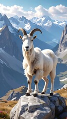 Naklejka premium A white goat stands on a rocky outcrop with a mountain range in the background