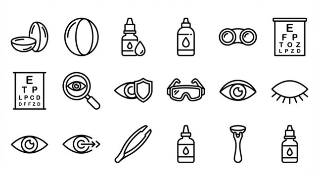 An assortment of eye care related icons in a black and white line style