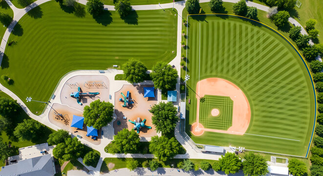 Aerial Top View of Empty Baseball Field with Circular Grass Pattern