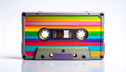 Naklejka premium Stylized cassette tape with neon rainbow stripes and bold geometric shapes