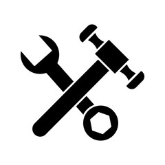 Solid black icon of wrench, hammer, and nut, symbolizing repair, maintenance, construction, service, and technical support.