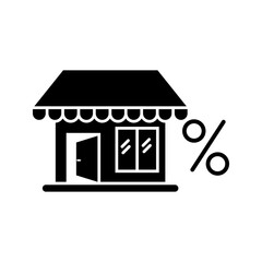 Storefront with percentage sign icon in outline style representing retail discounts, promotions, sales offers, and shopping deals.
