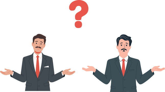 Confused businessman character in formal suit shrugging shoulders with a question mark symbol for business doubt uncertainty and problem solving concept flat vector illustration
