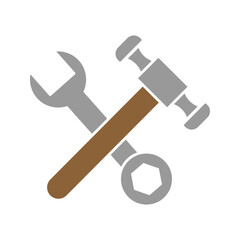 Solid black icon of wrench, hammer, and nut, symbolizing repair, maintenance, construction, service, and technical support.