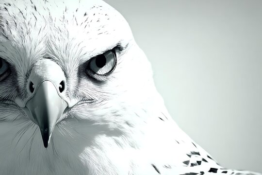 A falcon facing directly toward camera on white background strong eye contact bold and engaging tone sharp focus even studio lighting portrait orientation advertising stock photo, Realistic