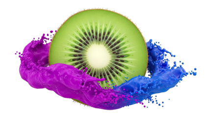 Kiwi slice with colorful liquid splashes