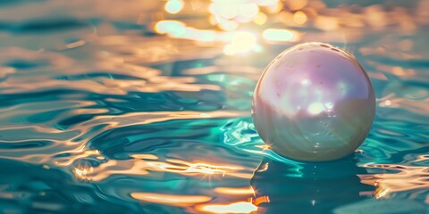 Luminous pearl shimmering on tranquil water with golden light reflections