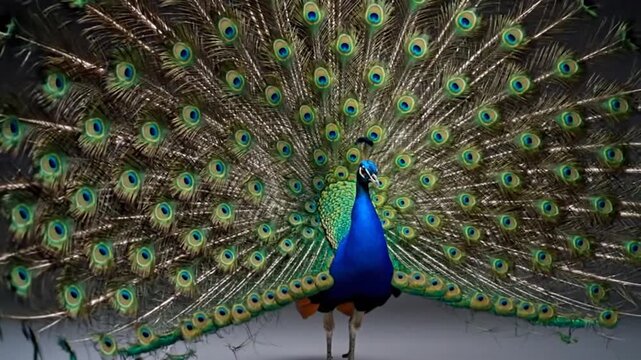 Stunning peacock displays vibrant, eye-spotted tail feathers