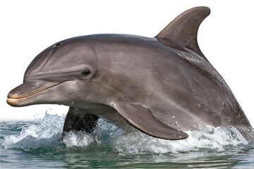 A dolphin with slight water splash effect isolated on white background fresh and lively tone realistic droplets detail studio lighting simulation wide camera angle creative stock concept, Realistic