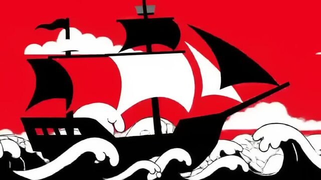 Pirate Ship Sailing Through Stormy Sea.
