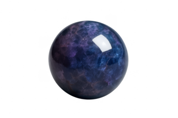 Polished fluorite gemstone sphere with purple blue marble pattern
