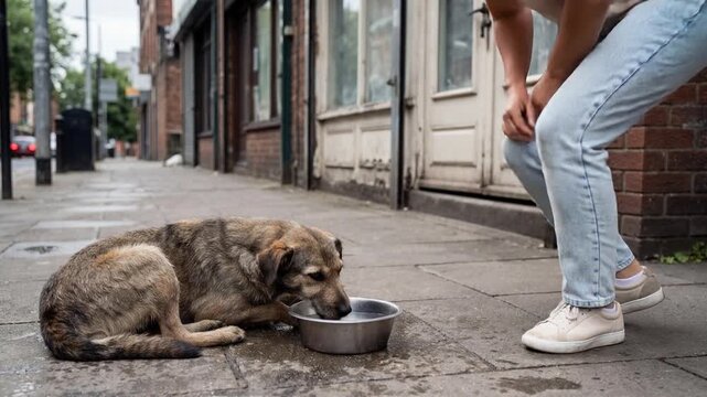 Woman giving water to a thirsty stray dog on an urban sidewalk, the dog starts drinking and the woman gently pets it with a smile