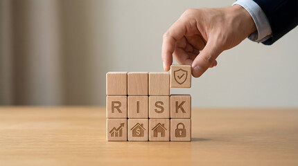 Business risk mitigation concept with hand placing shield on wooden cubes