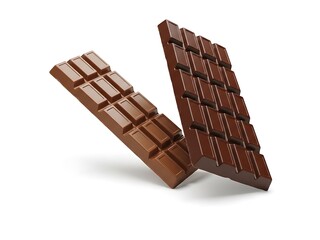 Obraz premium Two chocolate bars with broken pieces standing on a reflective surface from a slightly elevated viewpoint.