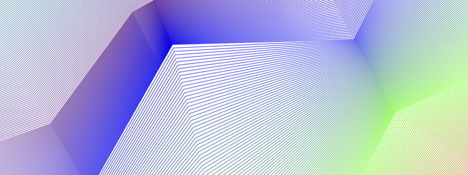 An intricate pattern of sharp angled lines featuring a smooth transition from deep blue to bright lime green tones