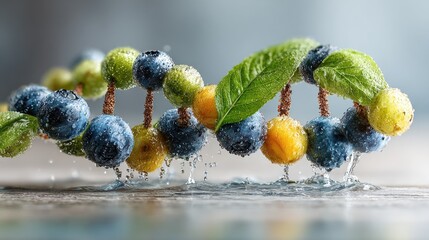 Surreal dna double helix structure made of blue spheres and green leaves rising from water 3d illustration representing biology and natural medicine