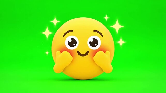 A cute 3d yellow emoji is blushing shyly with sparkling details, rendered in a cartoon style on a bright green screen.