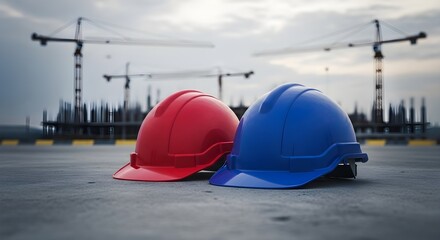 Red and Blue Hard Hats on Concrete Floor in Construction Site with Cranes