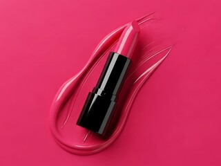 A lipstick tube with vibrant pink lip gloss on a bright pink background viewed from directly above