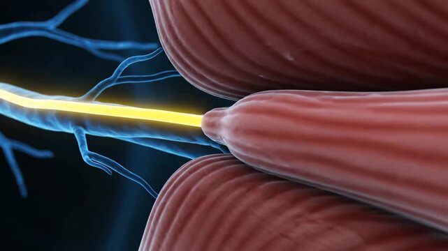 A 3D animation of a nerve impulse traveling along a neuron to a muscle fiber. Visualizes crucial nervous system communication.