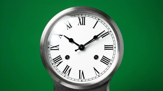 White clock face with black Roman numerals on green