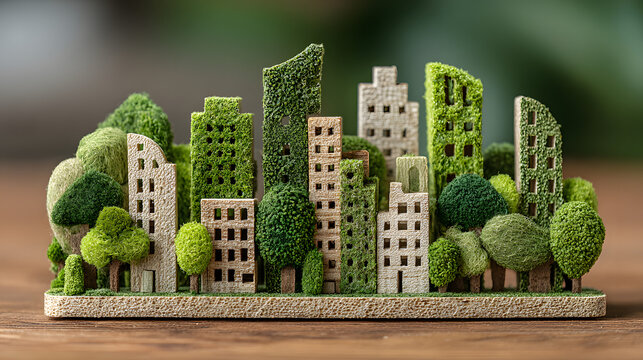 Miniature sustainable city model made of wood and moss. Green eco-friendly urban planning concept with miniature trees and skyscrapers on timber.