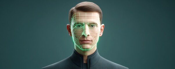 A digital representation of a male figure with a neural network overlay, illustrating advanced facial recognition technology.