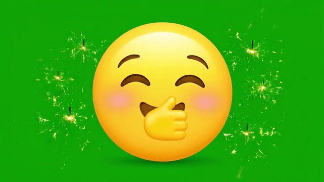 Animated blushing yellow emoji covers its mouth shyly, detailed with sparkles on a bright green screen.