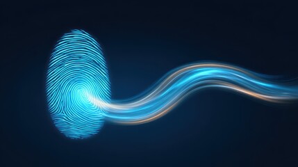 A glowing fingerprint with flowing blue lines on a dark background, symbolizing digital security and identity verification.