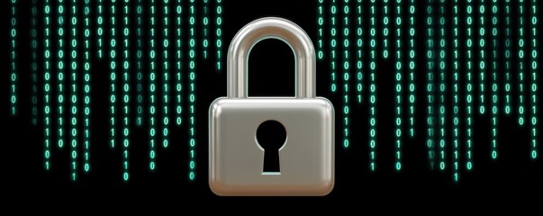 A digital lock against a backdrop of binary code, symbolizing cybersecurity and data protection in a modern technological landscape.
