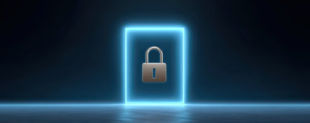 A glowing blue frame with a padlock in the center, symbolizing security and protection in a digital environment.