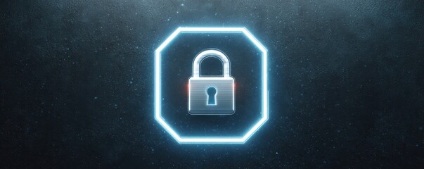 A digital lock icon is illuminated against a dark background, symbolizing security and protection in a modern, tech-driven context.