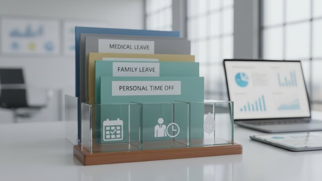 Office Organization: Medical Leave, Family Leave, and Personal Time Off Folders on Desk with Laptop