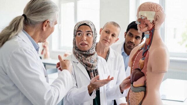 Medical students studying anatomy with human torso model in classroom, with young muslim woman pointing at the liver and explaining while the others listen attentively - Diverse healthcare training