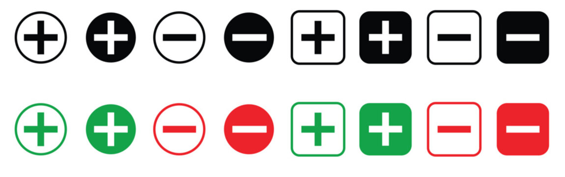 set of plus and minus symbols in circular and square shapes, positive and negative signs, vector black and white icons, geometric symbols for math, web, and UI design elements 